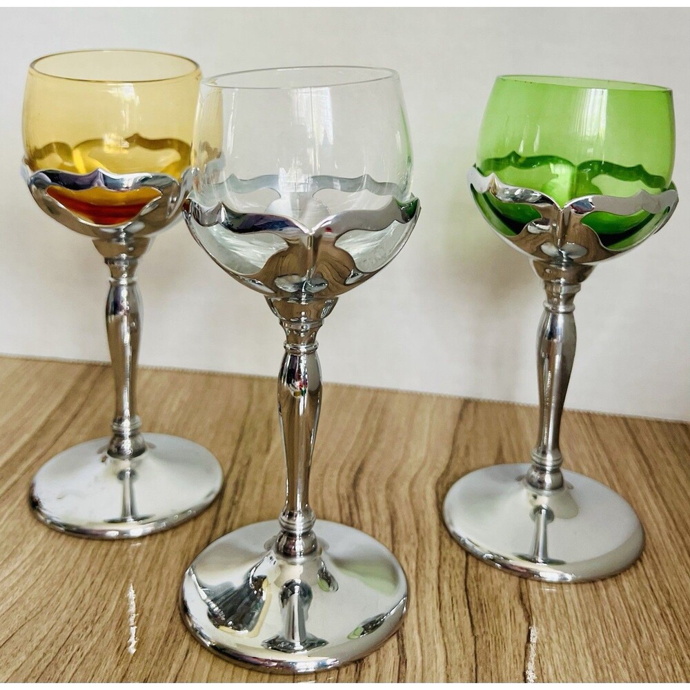 3 Colored vintage Farber Brothers Krome Kraft Cambridge glass cordial glasses